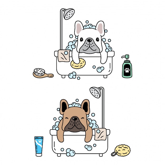 犬キャラフレンチブルドッグシャワー風呂アイコン漫画イラスト プレミアムベクター