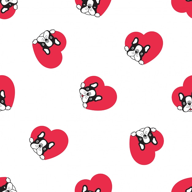 Premium Vector | Dog french bulldog seamless pattern heart valentine