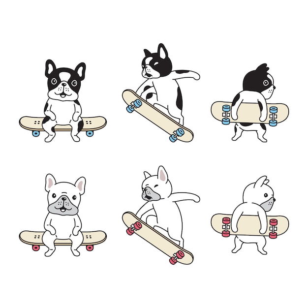 犬フレンチブルドッグスケートボード漫画 プレミアムベクター