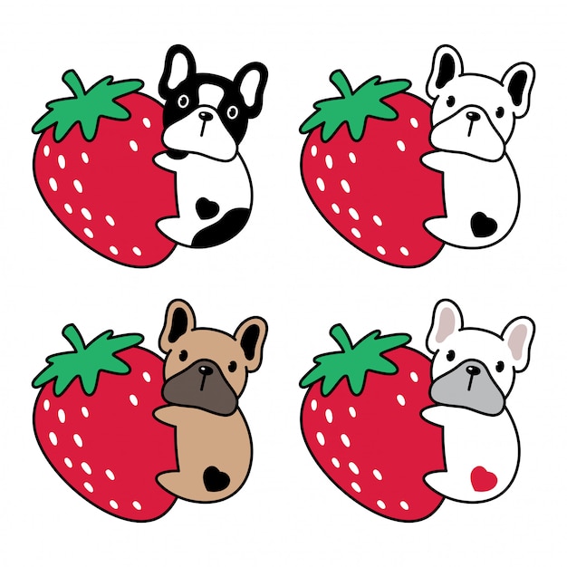犬フレンチブルドッグイチゴ漫画イラスト プレミアムベクター