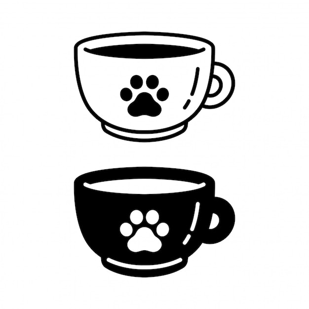 犬の足猫の足跡コーヒーカップキャラクター漫画アイコン プレミアムベクター