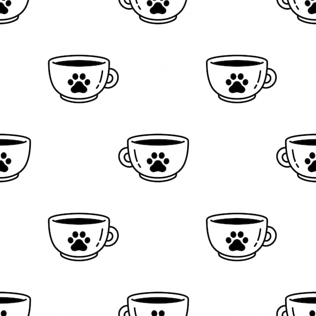 犬の足のシームレスなパターンのフットプリントのコーヒーカップ茶漫画イラスト プレミアムベクター