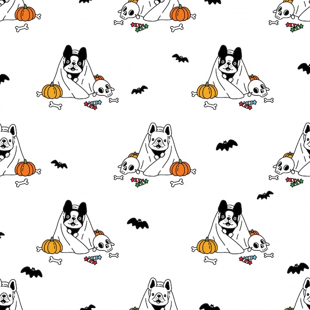 プレミアムベクター 犬のシームレスパターンフレンチブルドッグハロウィーンカボチャ漫画イラスト