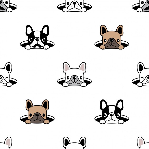 プレミアムベクター 犬のシームレスなパターンフレンチブルドッグの穴を隠す漫画イラスト