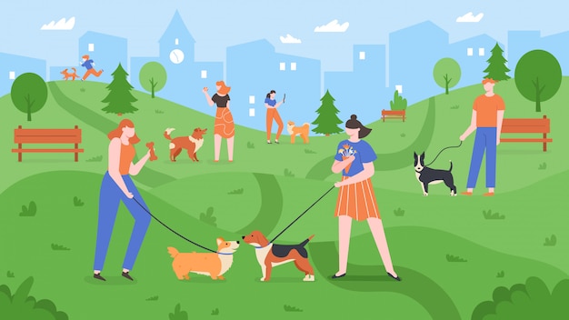 公園で犬 ペットは犬の公園で遊んで 人々は歩いて 屋外の庭 都市の犬公園の風景のカラフルなイラストで犬と遊ぶ ペットの飼い主が一緒に散歩する子犬を訓練する プレミアムベクター
