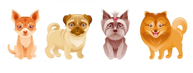 犬セット 子犬 漫画のペット 幸せなパグ チワワ ヨーキーテリア ポメラニアンとかわいいアイコン 小さな品種のコレクション 面白い動物のイラスト かわいい犬コレクション プレミアムベクター