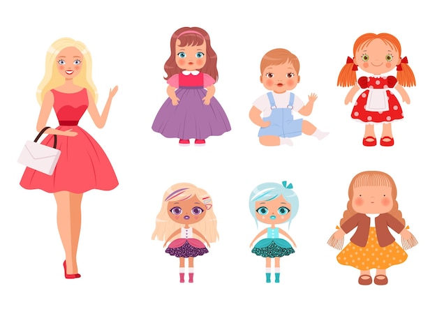 子供のための人形 面白い子供たちは ベクトルイラストを再生するための男性と女性のかわいいモデルをおもちゃにします 幼児のための人形コレクションの女性の女の子 プレミアムベクター