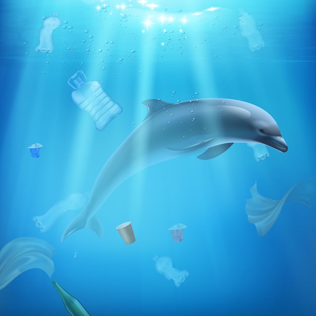 イルカと海の汚染のリアルなイラスト 無料のベクター