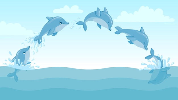 イルカは水から飛び出します ジャンプするイルカと水しぶきのある漫画の海の風景 かわいい海のイルカの文字ベクトルアニメーションフレーム イルカの水しぶき 海洋野生生物 プレミアムベクター