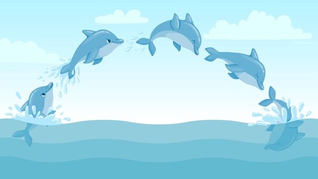 Premium Vector Dolphin Jump Out Of Water Cartoon Marine Landscape