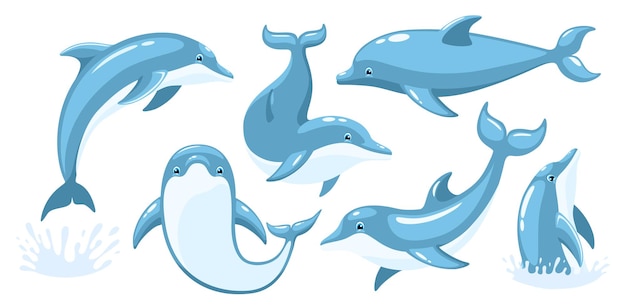 イルカの海の動物の漫画セット イルカジャンプモーションシーケンス漫画イラスト プレミアムベクター