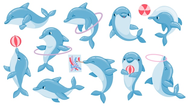 ボールとイルカ かわいい漫画の青いイルカのキャラクターが遊んで フープを飛び越えて描きます 海洋動物イルカ水族館パフォーマンスベクトルセット イルカショーパフォーマンスジャンプフープイラスト プレミアムベクター