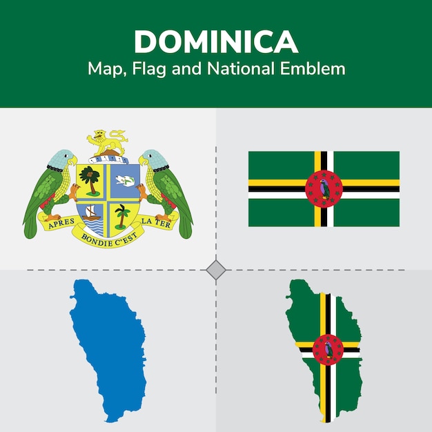 Premium Vector Dominica Map Flag And National Emblem