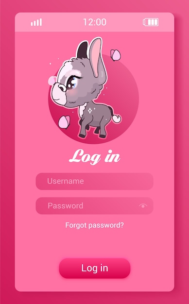 漫画のかわいいキャラクターとロバの子供たちのモバイルアプリの画面 ログインして アカウントスマートフォンの女の子らしいゲーム ソーシャルメディアアプリケーションを作成します 動物のユーザープロファイル登録ピンクページ プレミアムベクター
