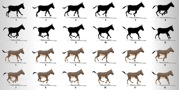  Donkey run cycle animation frames loop animation sequence sprite sheet Premium Vector
