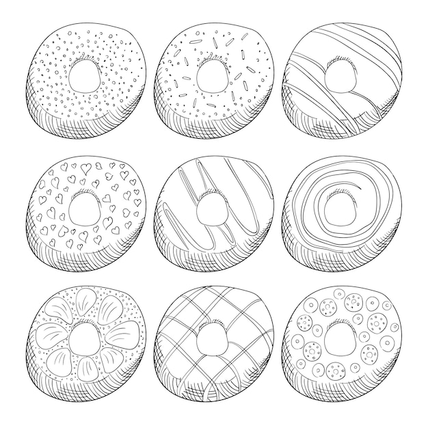 アイシングアウトラインイラストセットで飾られたドーナツ プレミアムベクター