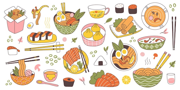 アジアの日本料理の伝統的なおいしい料理を落書き 中国 韓国 日本の米 麺 魚 肉料理のベクトルイラストセット 東洋料理 プレミアムベクター