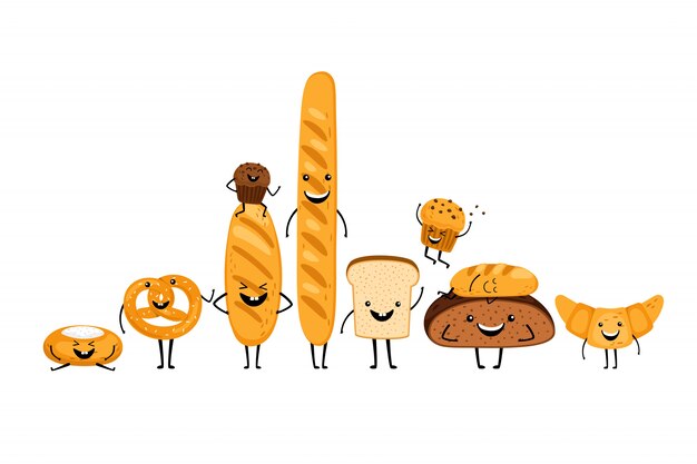 Doodle bread characters set Premium Vector