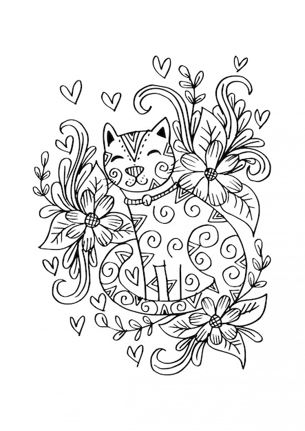 Download Doodle of cat sitting in the flowers. Vector | Premium ...