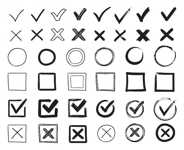  Doodle check marks. hand drawn checkbox, examination mark and checklist marks. check signs sketch  