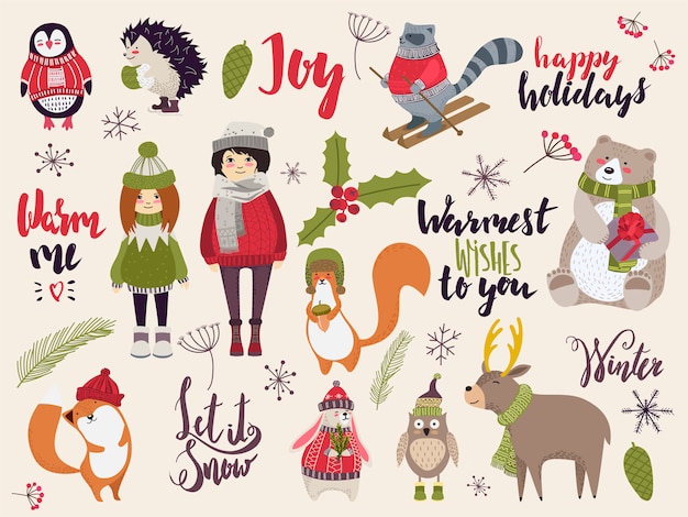 プレミアムベクター クリスマスの生き物 かわいい動物 冬の布の人々 手描きイラストを落書き