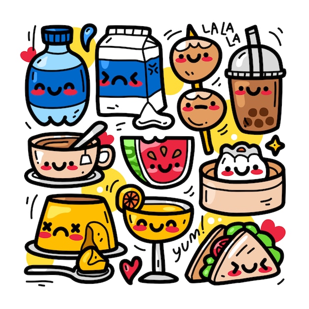 Premium Vector | Doodle collection set of food and beverage element