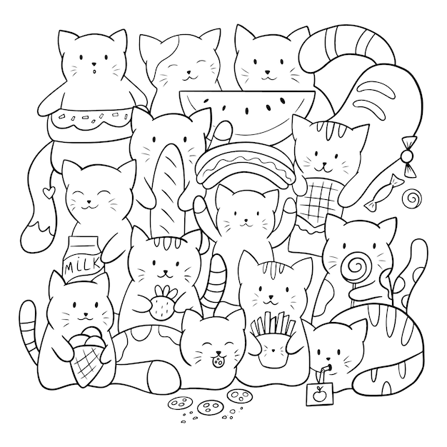 Download Premium Vector Doodle Coloring Page For Children And Adults Cute Kawaii Cats With Food And Sweets Black And White Illustration