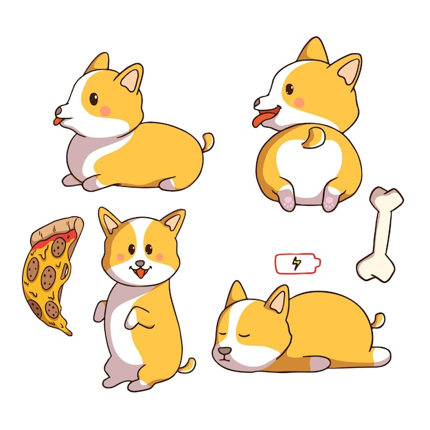 Premium Vector | Doodle corgi dog collection with pizza slice and bone