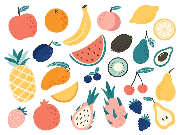 Doodle fruits. natural tropical fruit, doodles citrus orange and ...