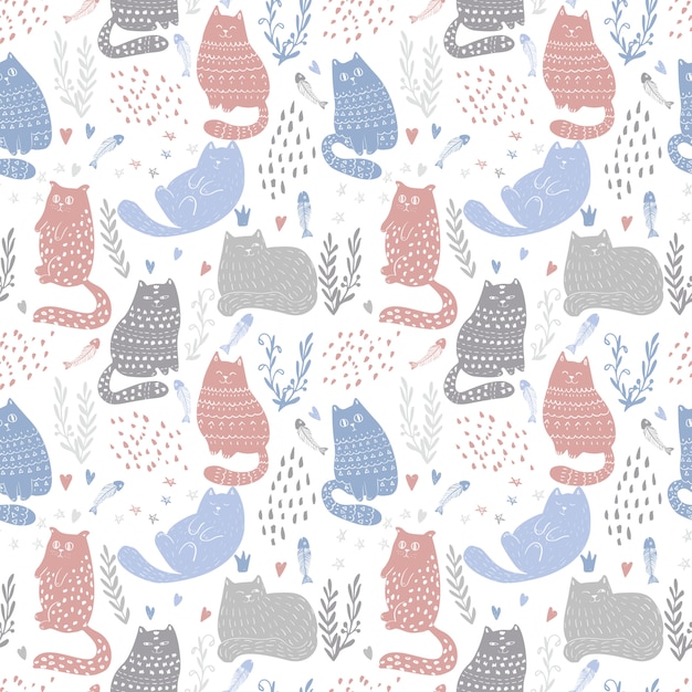 面白い猫のシームレスなパターン設計を落書き 赤ちゃんと子供たちの繊維と壁紙の背景 かわいいペットのラッピングとスクラップブッキングベクトルテンプレート プレミアムベクター