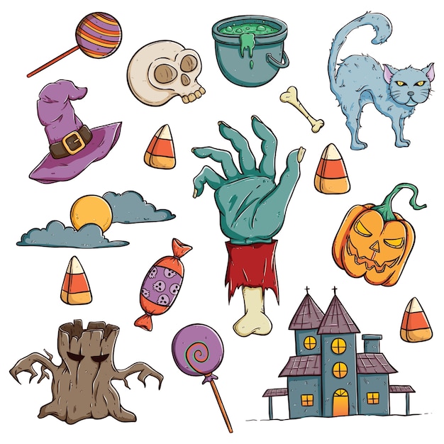 Premium Vector  Doodle halloween characters or icons set with color on 