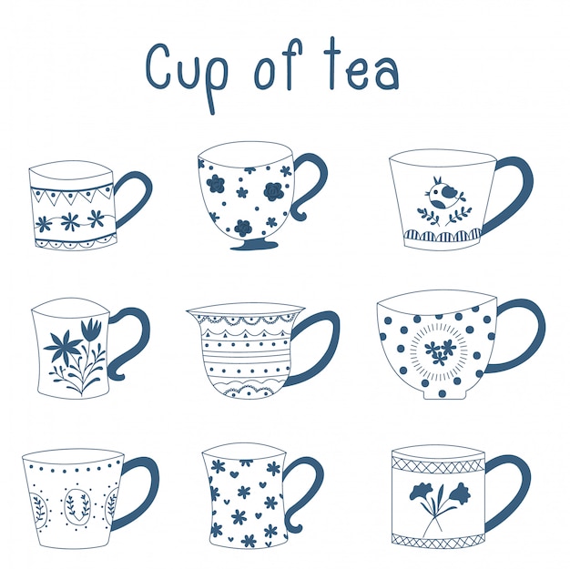 Download Doodle hand drawn blue porcelain china tea cups. vector ...