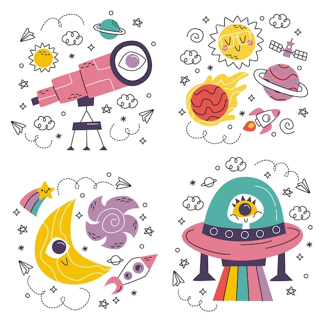 Free Vector | Doodle hand drawn science fiction stickers