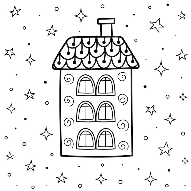 Download Premium Vector Doodle Magic House At Night Coloring Page Sweet Dreams Black And White Card Outline Fantasy Background