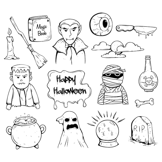 落書きや手書きのハロウィンのアイコンが怖いキャラクター プレミアムベクター