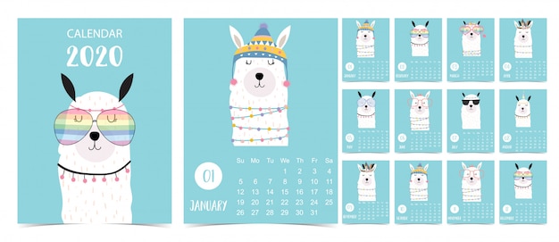 Doodle pastel calendar set 2020 with llama for children Premium Vector
