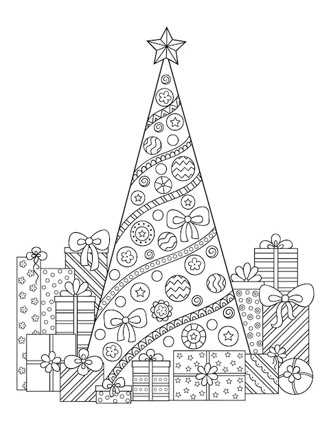黒と白の落書きパターン クリスマスの飾り クリスマスツリーとギフト プレミアムベクター