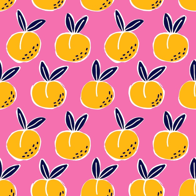 桃のシームレスなパターンを落書き キッチンの壁紙 テキスタイル ファブリック 紙のかわいいピンクの背景テクスチャ フラットフルーツの背景 ビーガン 農場 自然食品のイラスト プレミアムベクター