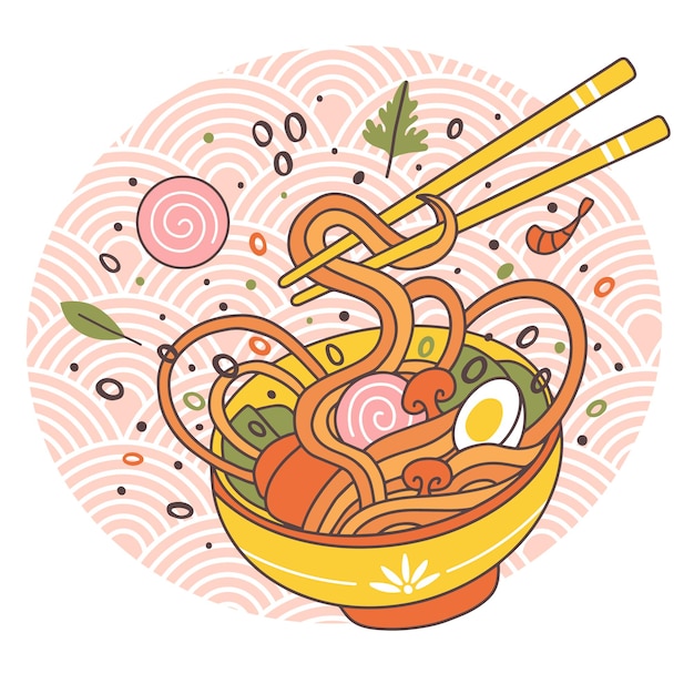 落書きラーメン丼東洋の日本の伝統料理 手描きの肉スープおいしいラーメン料理ベクトルイラスト 卵とキノコのアジア料理ラーメン丼 箸 プレミアムベクター