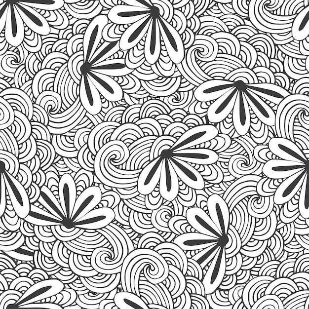 ベクトルの花と落書きのシームレスな波のパターン Zentangleの色付けページ プレミアムベクター