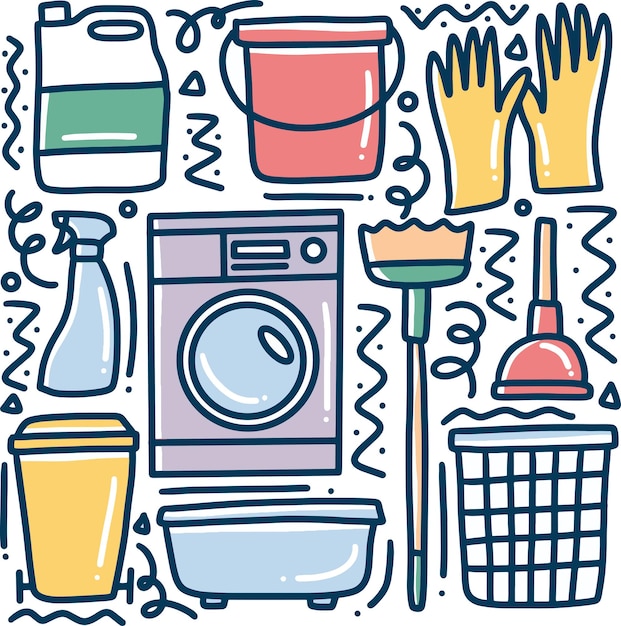 Premium Vector | Doodle set of cleaning tools hand drawing with icons ...