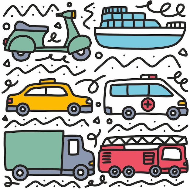 Premium Vector | Doodle set of transportation hand drawing with icons