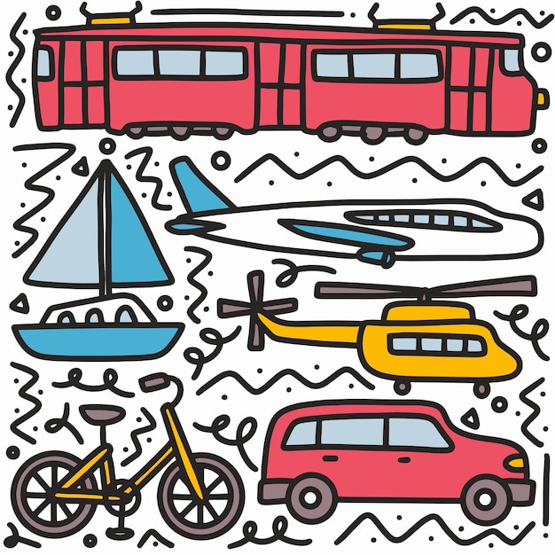 Premium Vector Doodle set of transportation hand drawing with icons