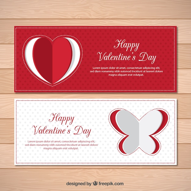 Dotted banners with heart and butterfly for\
valentine\'s day