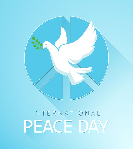 平和の鳩とオリーブの枝とピースサイン 平和デーのポスター 図 プレミアムベクター