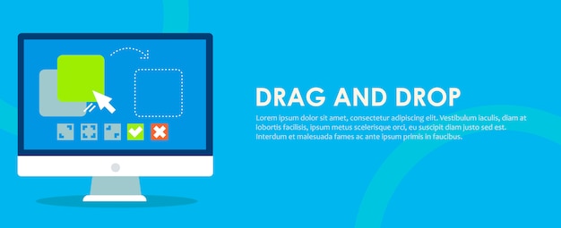 Drag and drop banner. computer with the program and site configuration settings functions. Free Vector