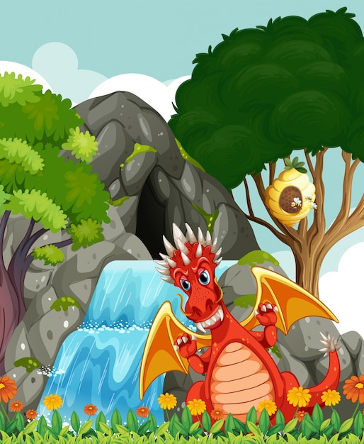 Dragon by the waterfall and cave