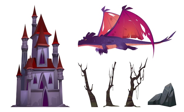Free Vector Dragon Castle Trees And Rock Cartoon Set Isolated On White