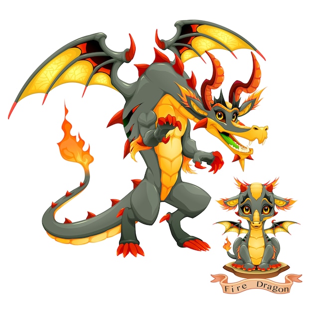 Premium Vector Dragon Of Fire Element Puppy And Adult