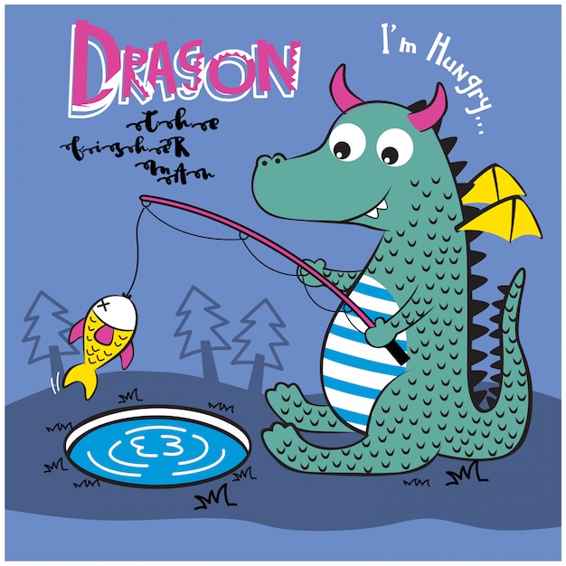 湖の面白い動物漫画 ベクトルイラストでドラゴン釣り プレミアムベクター